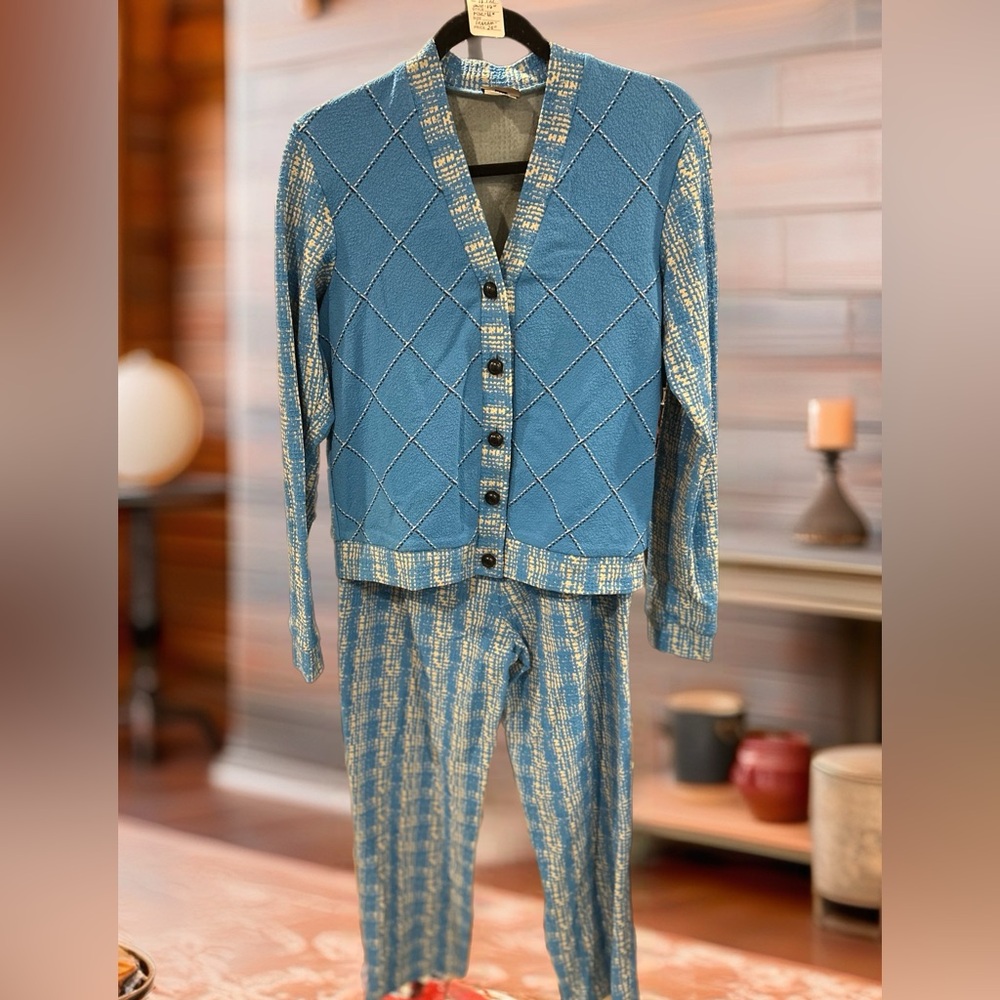 Anna Sui Blue and Cream Plaid Knit Cardigan and Pants Set